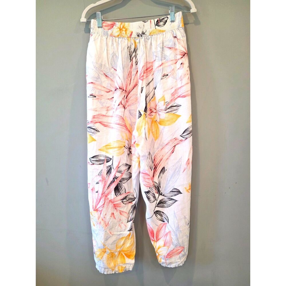 C&C California 100% Linen Ankle Length Pants 2X Plus Size Tropical Floral Resort